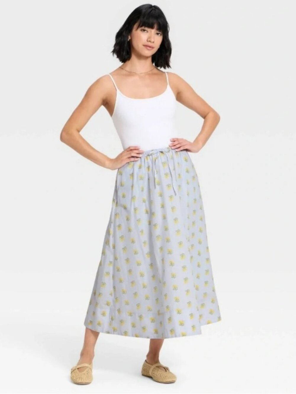 Cottage Coastal Universal Thread Dusty Blue Butter Yellow Floral Midi Skirt (L)
